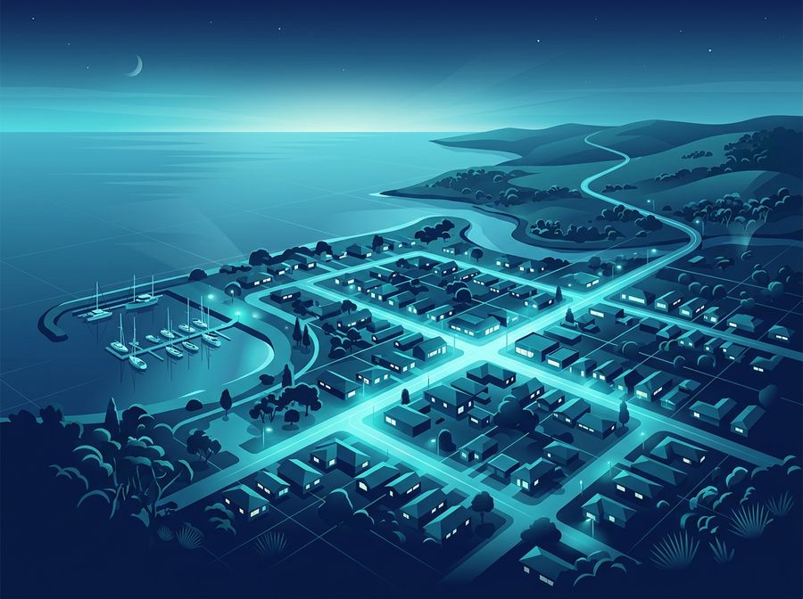 A regional Australian coastal town at dusk, lit streets running down to a marina