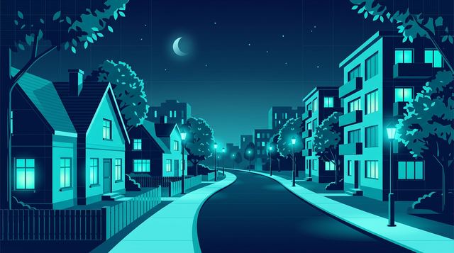 A quiet residential street at dusk with lit windows