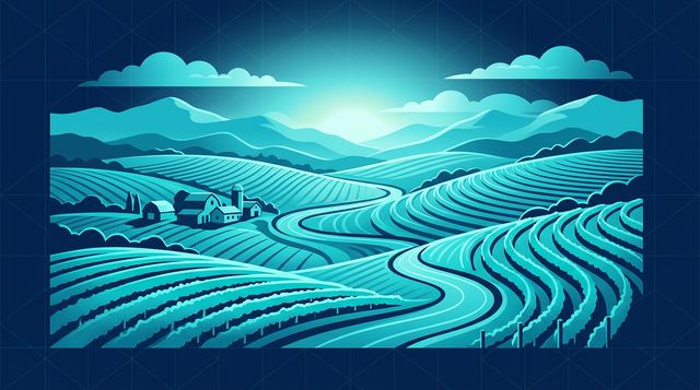Vineyard rows curving over rolling farmland