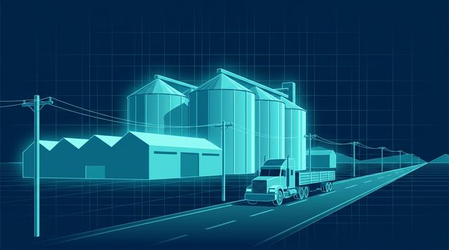 Grain silos and a freight truck on a country road